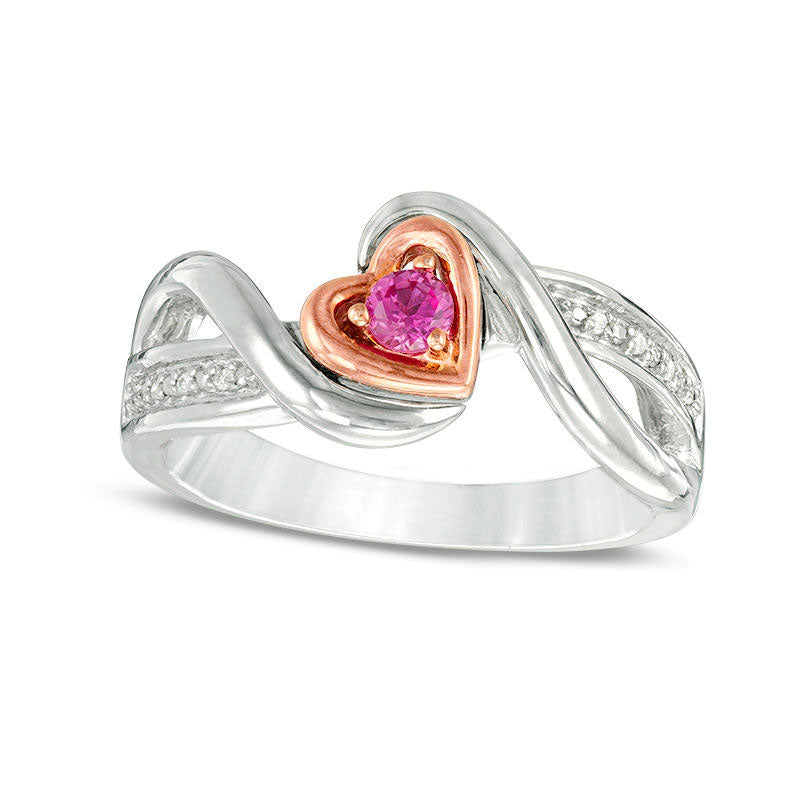 Image of ID 1 Lab-Created Pink Sapphire and Diamond Accent Tilted Heart Promise Ring in Sterling Silver and Solid 10K Rose Gold