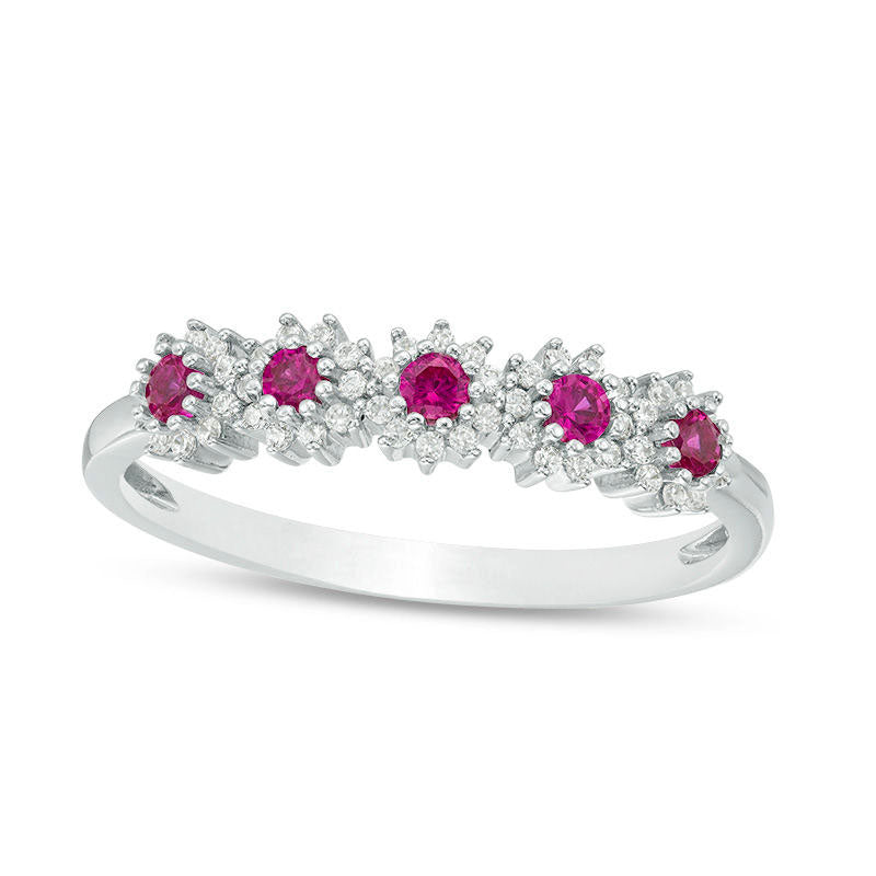 Image of ID 1 Lab-Created Ruby and 010 CT TW Diamond Five Stone Sunburst Frame Ring in Solid 10K White Gold