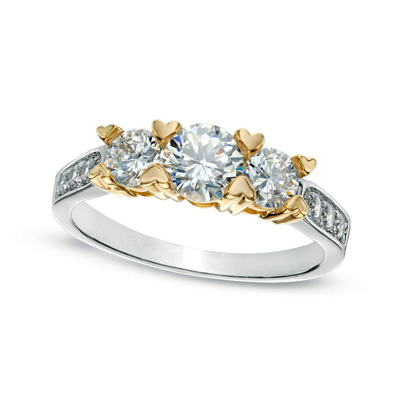 Image of ID 1 Lab-Created White Sapphire Three Stone Heart-Prong Ring in Solid 10K Two-Tone Gold