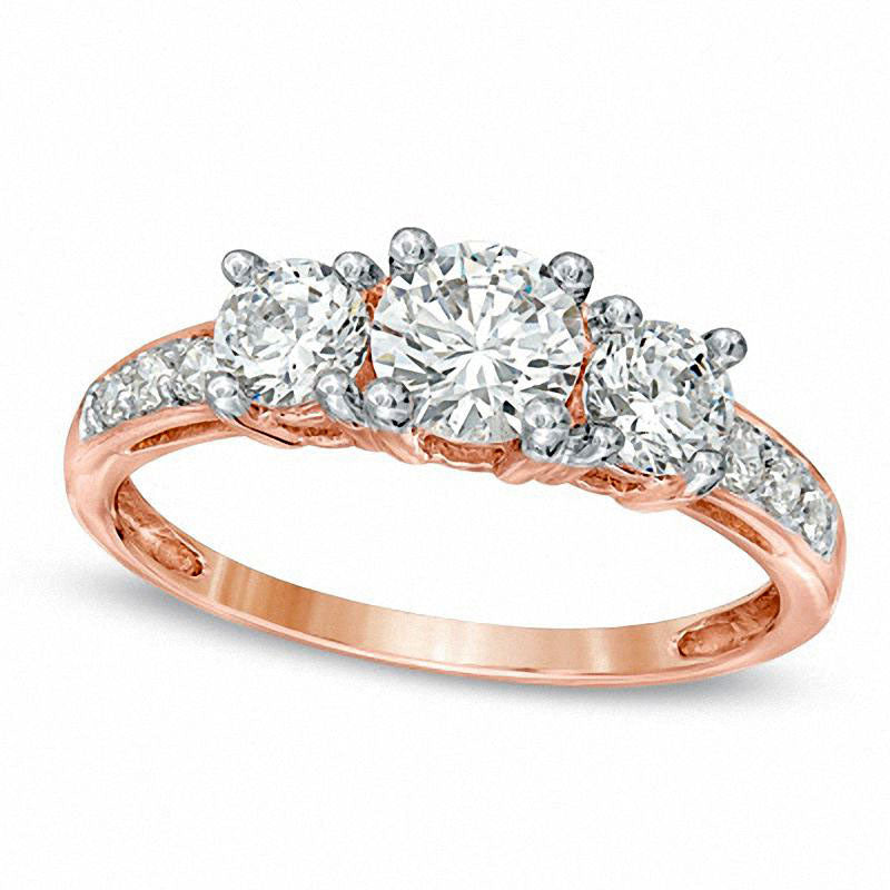 Image of ID 1 Lab-Created White Sapphire Three Stone Ring in Solid 10K Rose Gold