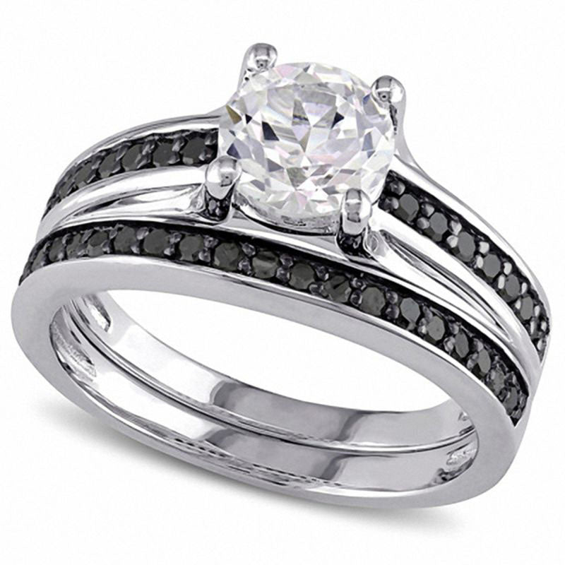 Image of ID 1 Lab-Created White Sapphire and 033 CT TW Enhanced Black Diamond Bridal Engagement Ring Set in Sterling Silver