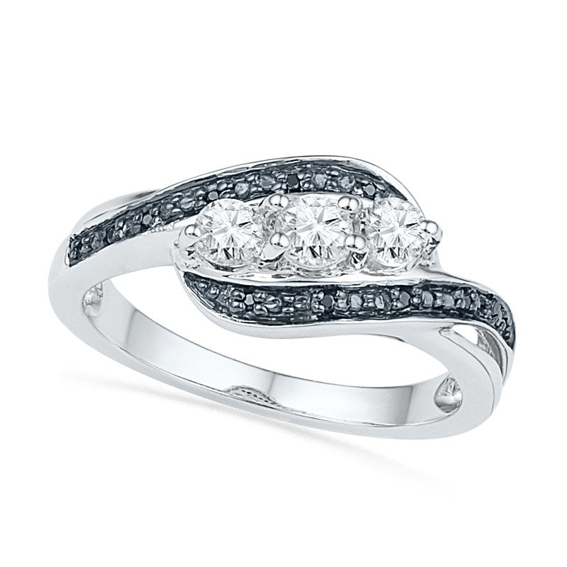 Image of ID 1 Lab-Created White Sapphire and Enhanced Black Diamond Accent Three Ribbon Stone Promise Ring in Sterling Silver