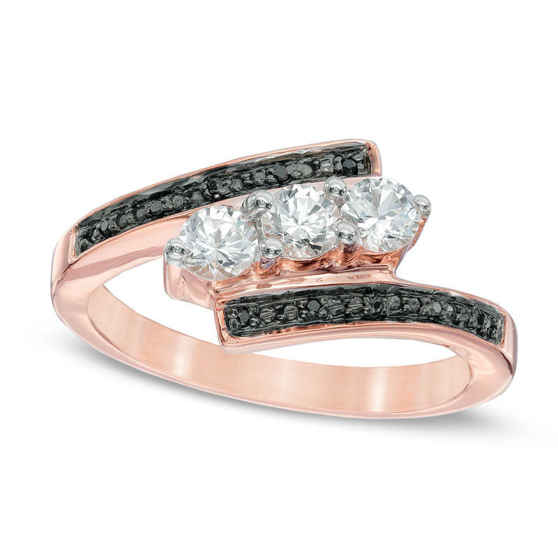 Image of ID 1 Lab-Created White Sapphire and Enhanced Black Diamond Accent Three Stone Bypass Promise Ring in Solid 10K Rose Gold
