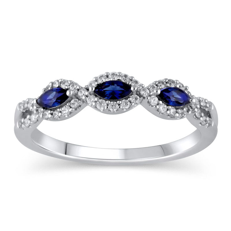 Image of ID 1 Marquise Blue Sapphire and 020 CT TW Natural Diamond Twist Frame Three Stone Split Shank Ring in Solid 10K White Gold