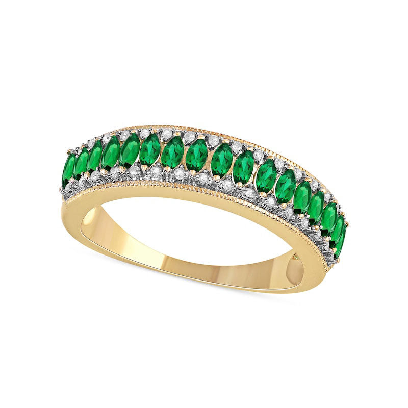 Image of ID 1 Marquise Emerald and 010 CT TW Natural Diamond Border Triple Row Antique Vintage-Style Ring in Solid 10K Yellow Gold