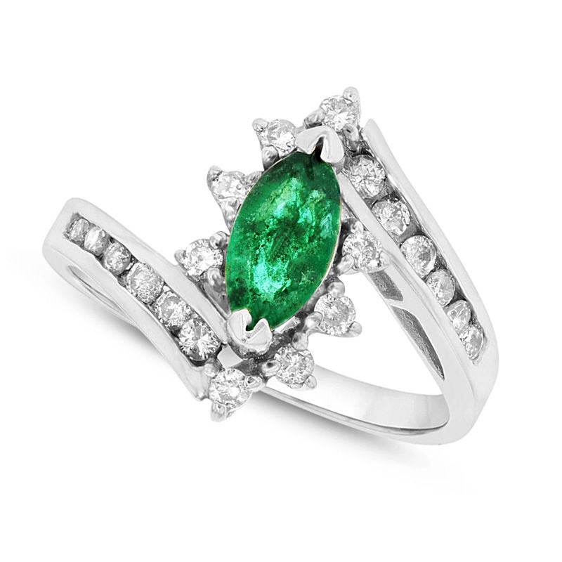 Image of ID 1 Marquise Emerald and 033 CT TW Natural Diamond Starburst Frame Bypass Ring in Solid 14K White Gold