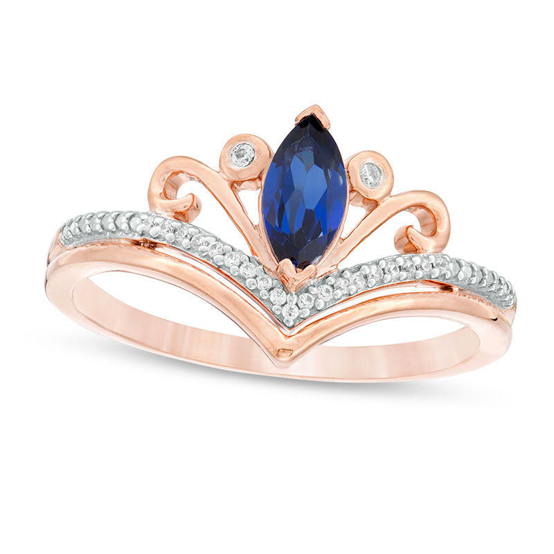 Image of ID 1 Marquise Lab-Created Blue Sapphire and 005 CT TW Diamond Scroll Accent Chevron Promise Ring in Solid 10K Rose Gold