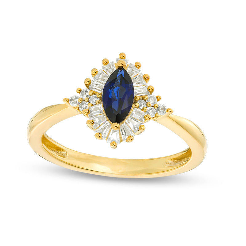 Image of ID 1 Marquise Lab-Created Blue and White Sapphire Sunburst Frame Quad-Sides Ring in Sterling Silver with Solid 14K Gold Plate