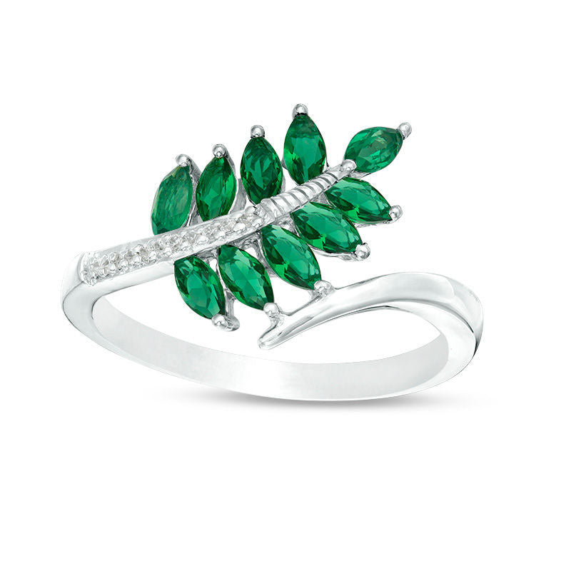 Image of ID 1 Marquise Lab-Created Emerald and Diamond Accent Bypass Leaf Ring in Sterling Silver