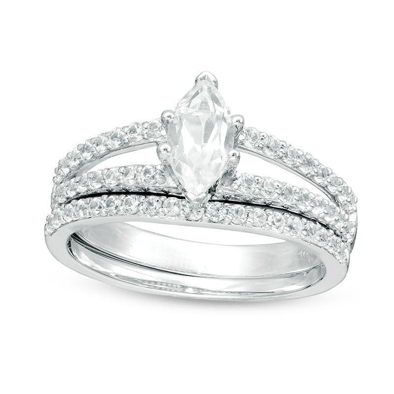Image of ID 1 Marquise Lab-Created White Sapphire Split Shank Bridal Engagement Ring Set in Solid 10K White Gold