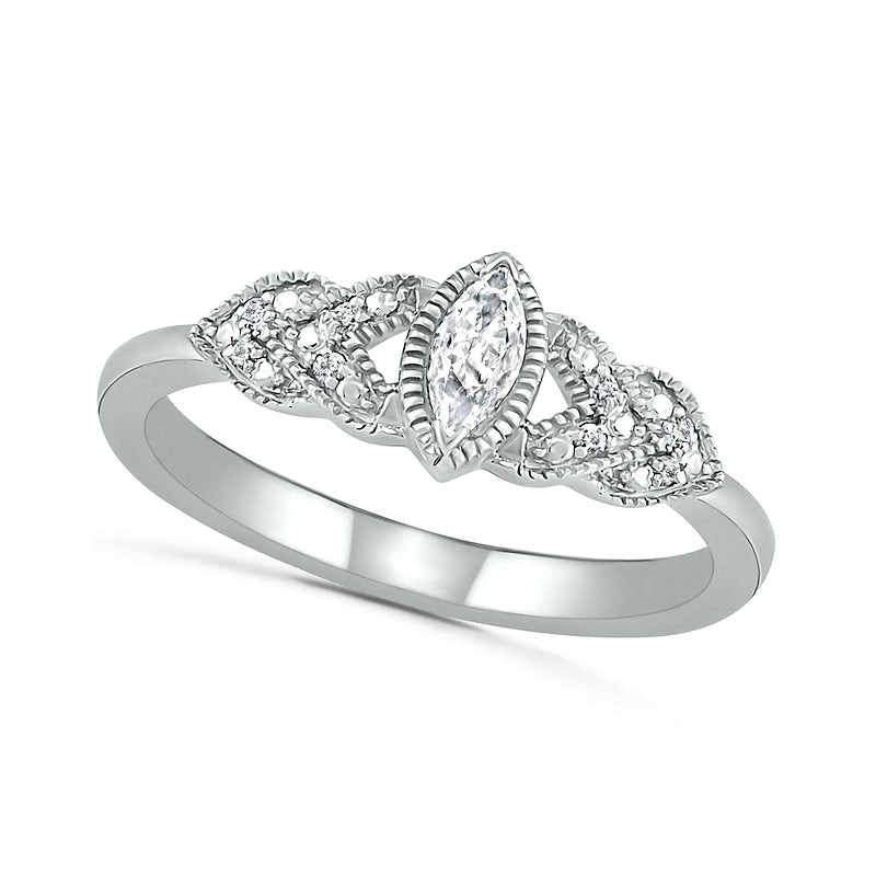 Image of ID 1 Marquise Lab-Created White Sapphire and Diamond Accent Layered Leaf-Sides Antique Vintage-Style Ring in Sterling Silver