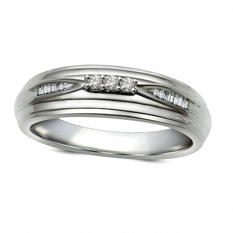 Image of ID 1 Men's 010 CT TW Natural Diamond Three Stone Wedding Band in Solid 10K White Gold