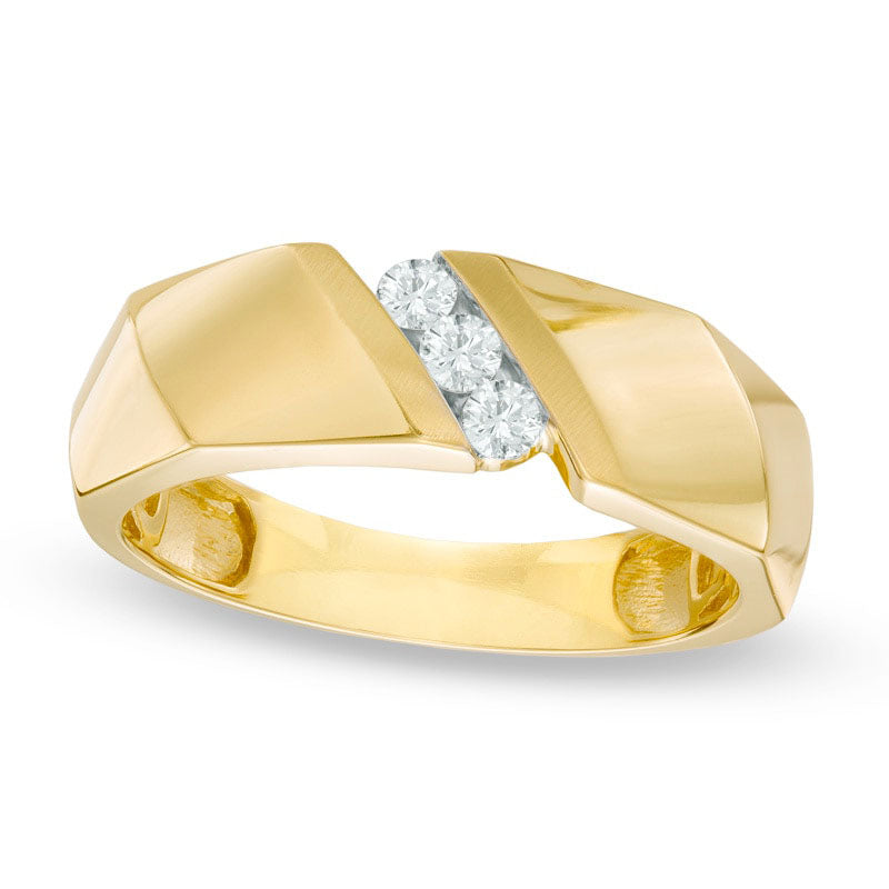 Image of ID 1 Men's 020 CT TW Natural Diamond Three Stone Wedding Band in Solid 10K Yellow Gold