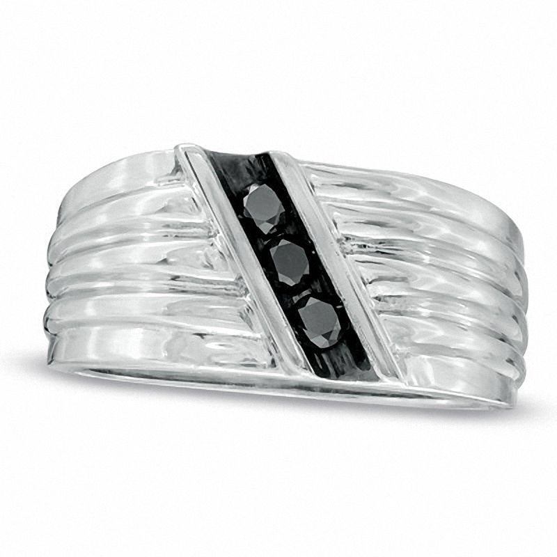 Image of ID 1 Men's 025 CT TW Enhanced Black Natural Diamond Comfort Fit Slant Band in Sterling Silver