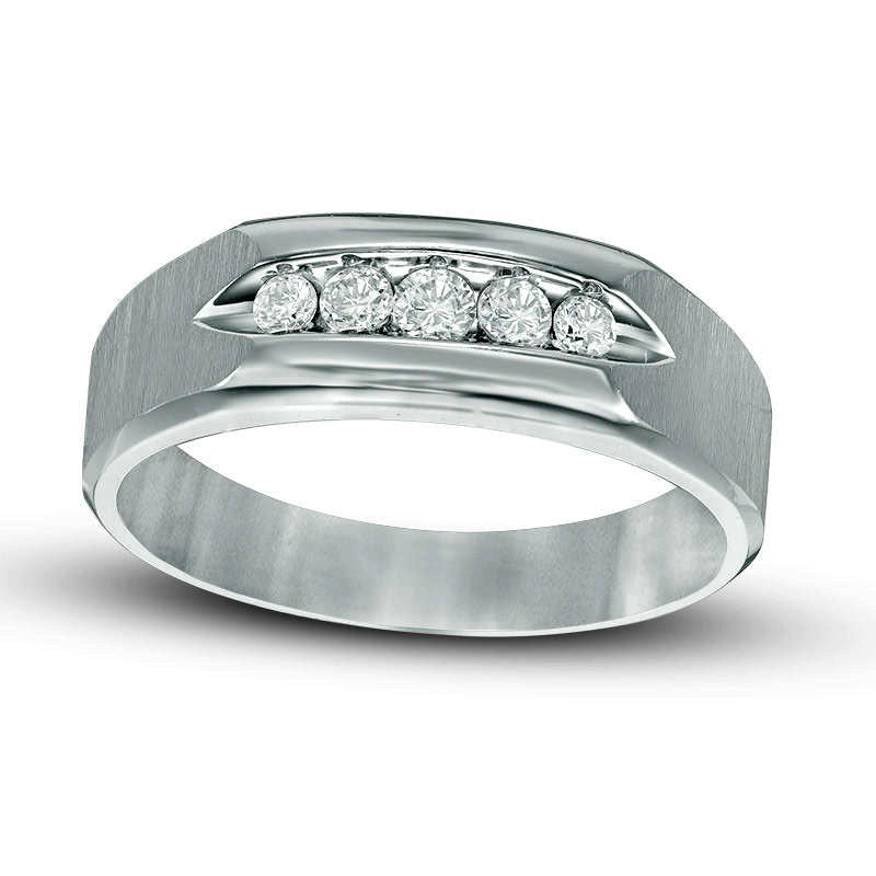 Image of ID 1 Men's 025 CT TW Natural Diamond Five Stone Brushed Wedding Band in Solid 10K White Gold
