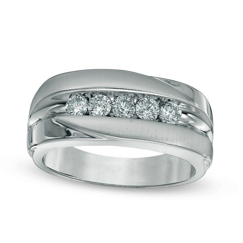 Image of ID 1 Men's 050 CT TW Natural Diamond Five Stone Satin Wedding Band in Solid 14K White Gold