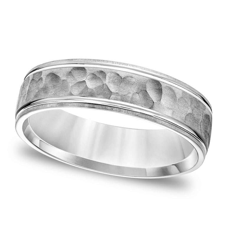 Image of ID 1 Men's 60mm Comfort-Fit Brushed Hammered Wedding Band in Solid 14K White Gold