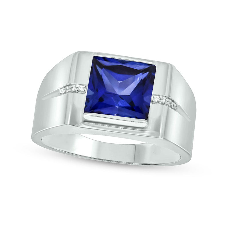 Image of ID 1 Men's 90mm Square-Cut Blue Lab-Created Sapphire and Diamond Accent Groove Shank Ring in Solid 10K White Gold