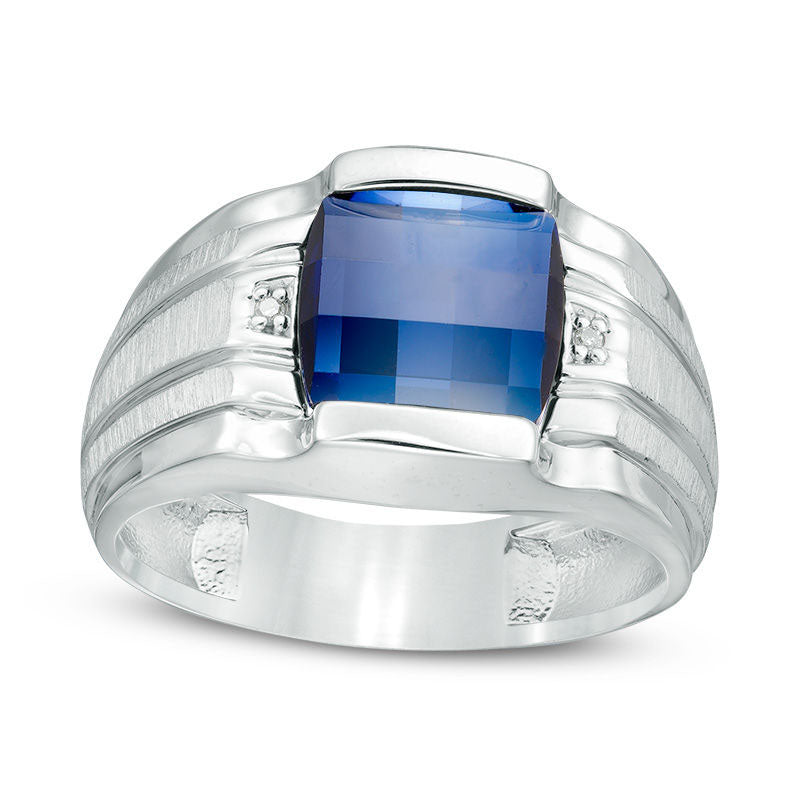 Image of ID 1 Mens 95mm Cushion-Cut Lab-Created Blue Sapphire and Diamond Accent Ring in Sterling Silver