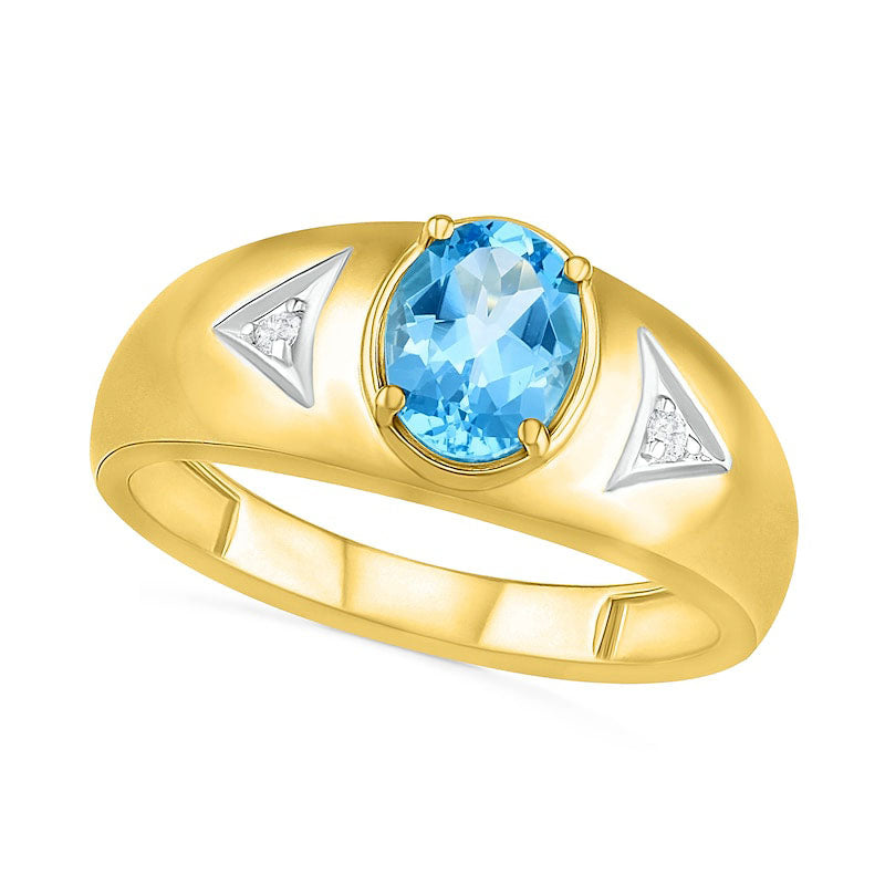 Image of ID 1 Men's Oval Blue Topaz and Natural Diamond Accent Triangle Side Accent Ring in Solid 10K Yellow Gold