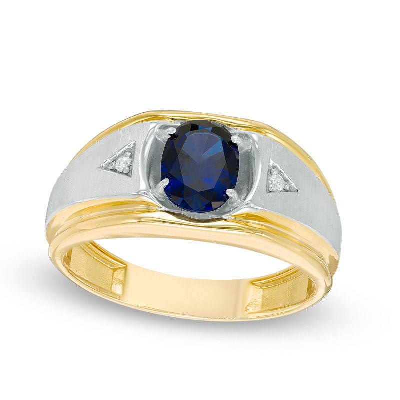 Image of ID 1 Men's Oval Lab-Created Blue Sapphire and Diamond Accent Triangle Sides Brushed Ring in Solid 10K Two-Tone Gold
