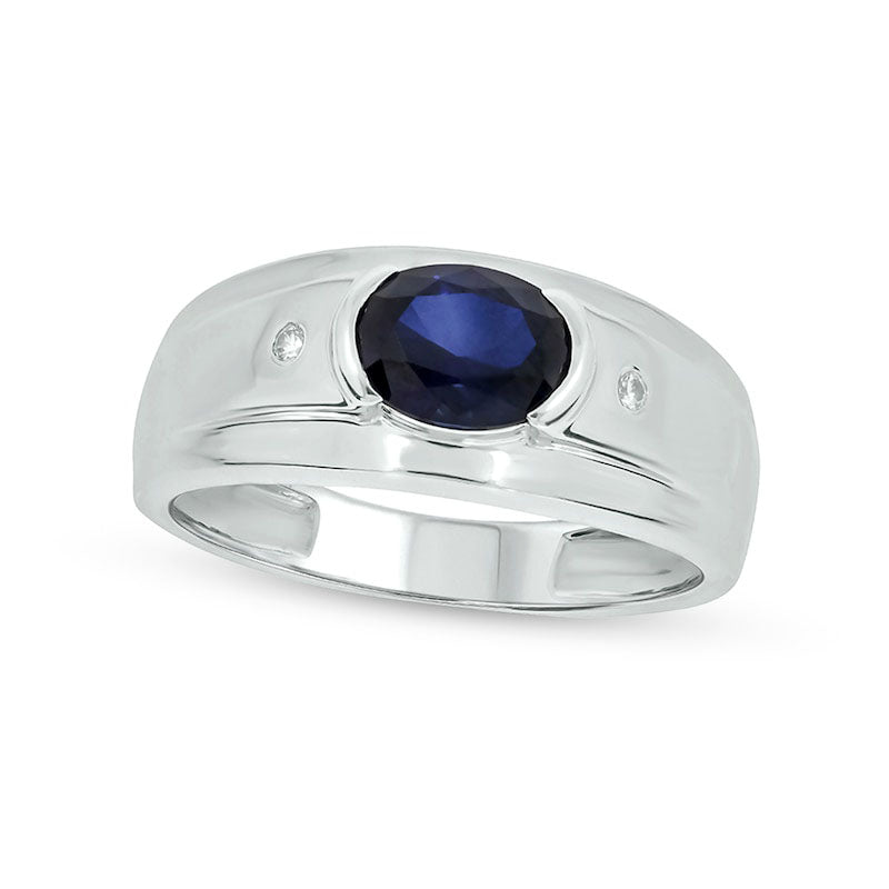 Image of ID 1 Men's Sideways Oval Blue Lab-Created Sapphire and Diamond Accent Bevelled Edge Ring in Sterling Silver