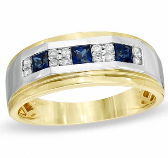 Image of ID 1 Men's Square-Cut Lab-Created Blue Sapphire and 1/5 CT TW Diamond Ring