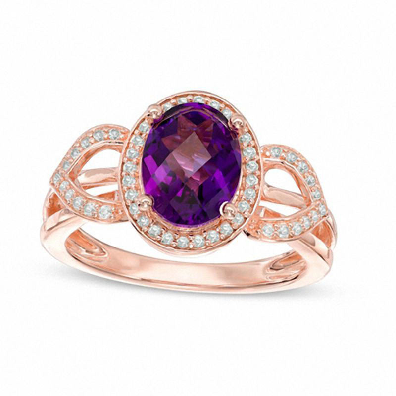 Image of ID 1 Oval Amethyst and 020 CT TW Natural Diamond Frame Petal Ring in Solid 10K Rose Gold