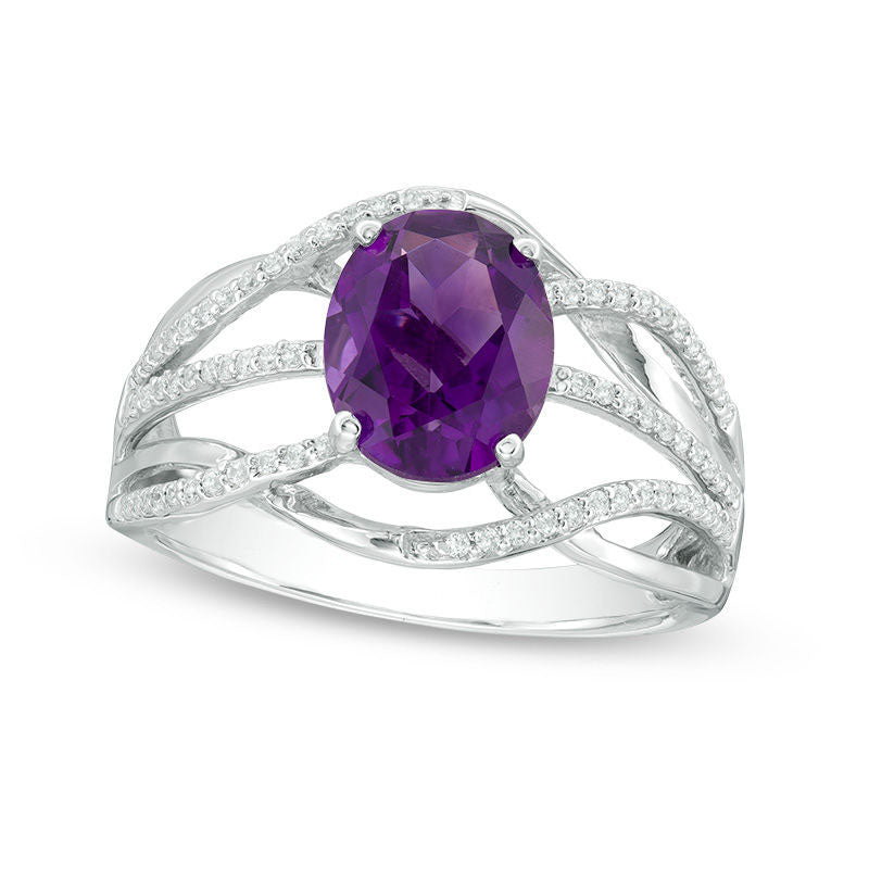 Image of ID 1 Oval Amethyst and 020 CT TW Natural Diamond Layered Crossover Ring in Sterling Silver