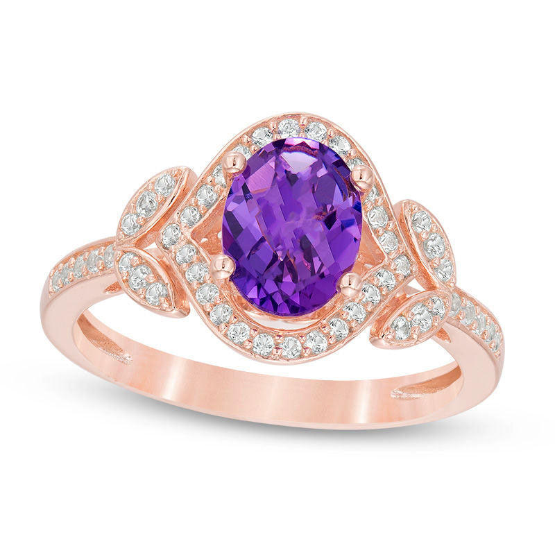 Image of ID 1 Oval Amethyst and 025 CT TW Natural Diamond Marquise Frame Leaf-Sides Ring in Solid 10K Rose Gold