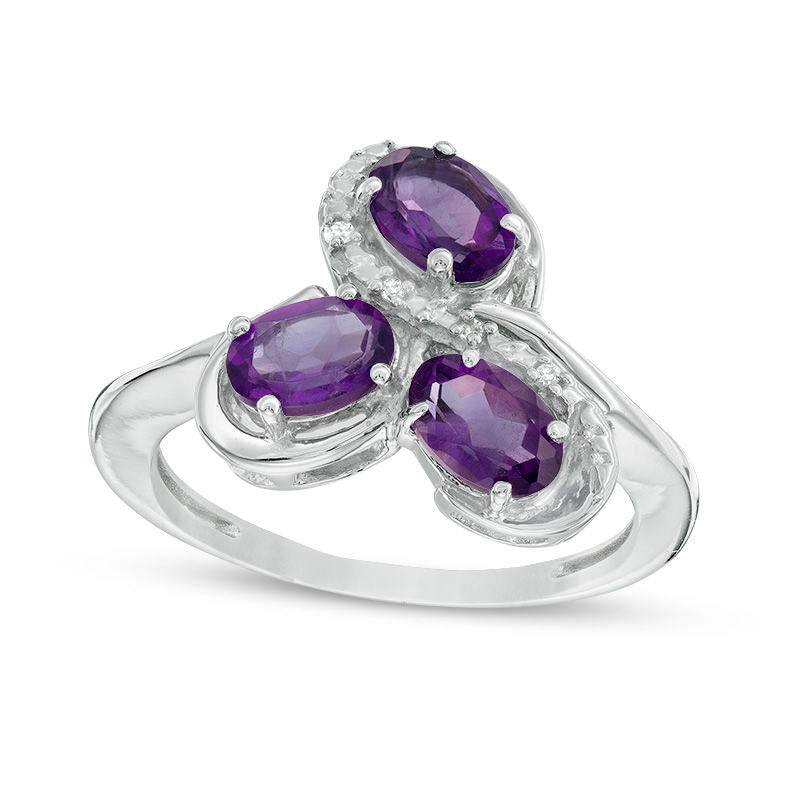 Image of ID 1 Oval Amethyst and Natural Diamond Accent Three Stone Swirl Ring in Sterling Silver