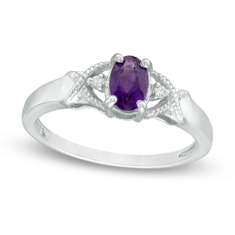 Image of ID 1 Oval Amethyst and Natural Diamond Accent Twist Antique Vintage-Style Ring in Sterling Silver