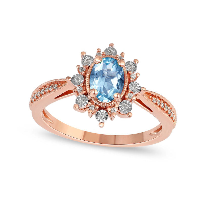Image of ID 1 Oval Aquamarine and 010 CT TW Natural Diamond Sunburst Frame Antique Vintage-Style Tapered Shank Ring in Solid 10K Rose Gold