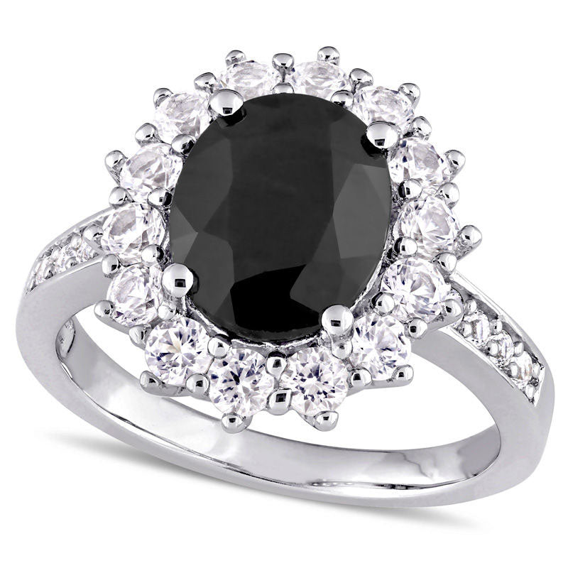 Image of ID 1 Oval Black Sapphire and Lab-Created White Sapphire Frame Ring in Sterling Silver