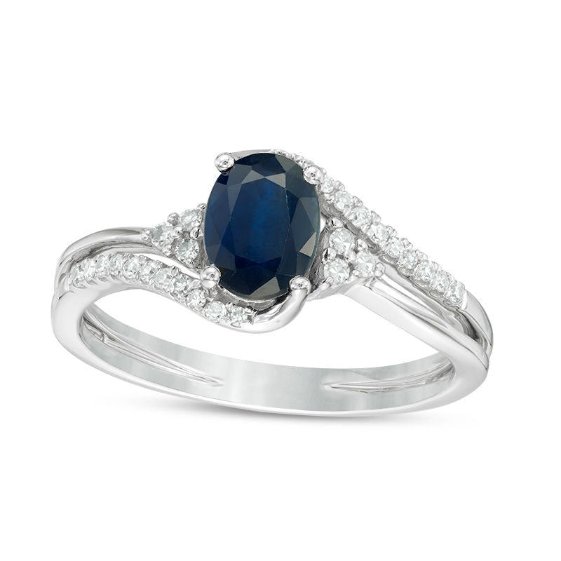 Image of ID 1 Oval Blue Sapphire and 013 CT TW Natural Diamond Tri-Sides Bypass Ring in Solid 10K White Gold