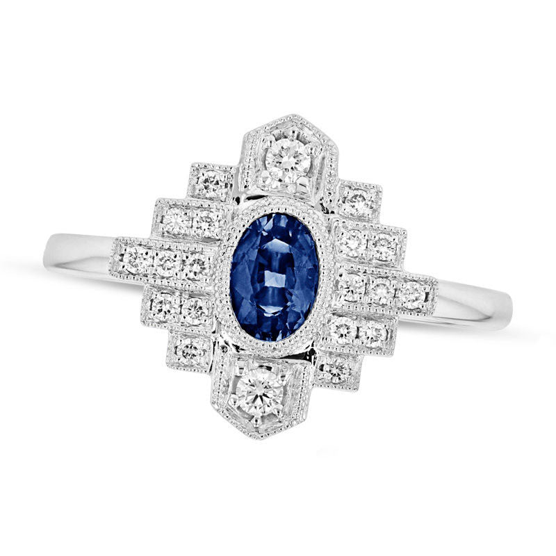 Image of ID 1 Oval Blue Sapphire and 020 CT TW Natural Diamond Art Deco Frame Ring in Solid 14K White Gold
