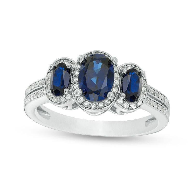 Image of ID 1 Oval Blue Sapphire and 025 CT TW Natural Diamond Three Stone Frame Ring in Solid 10K White Gold