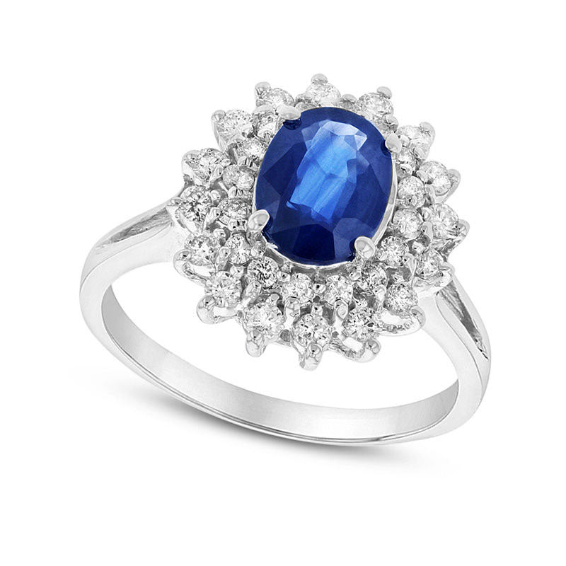 Image of ID 1 Oval Blue Sapphire and 050 CT TW Natural Diamond Layered Starburst Frame Ring in Solid 14K White Gold
