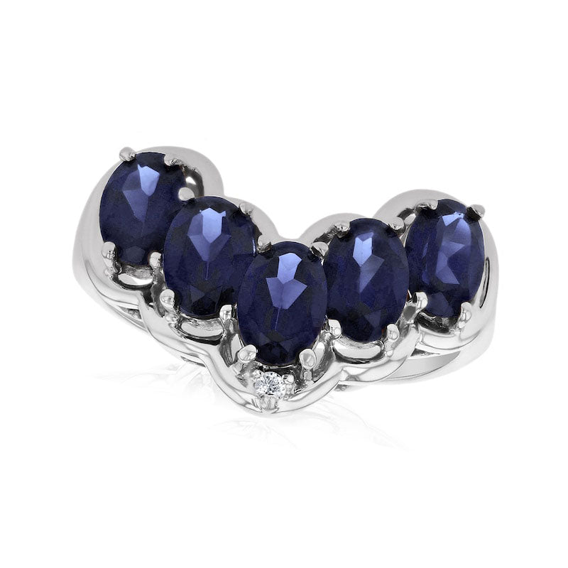 Image of ID 1 Oval Blue Sapphire and Natural Diamond Accent Five Stone Chevron Ring in Solid 14K White Gold