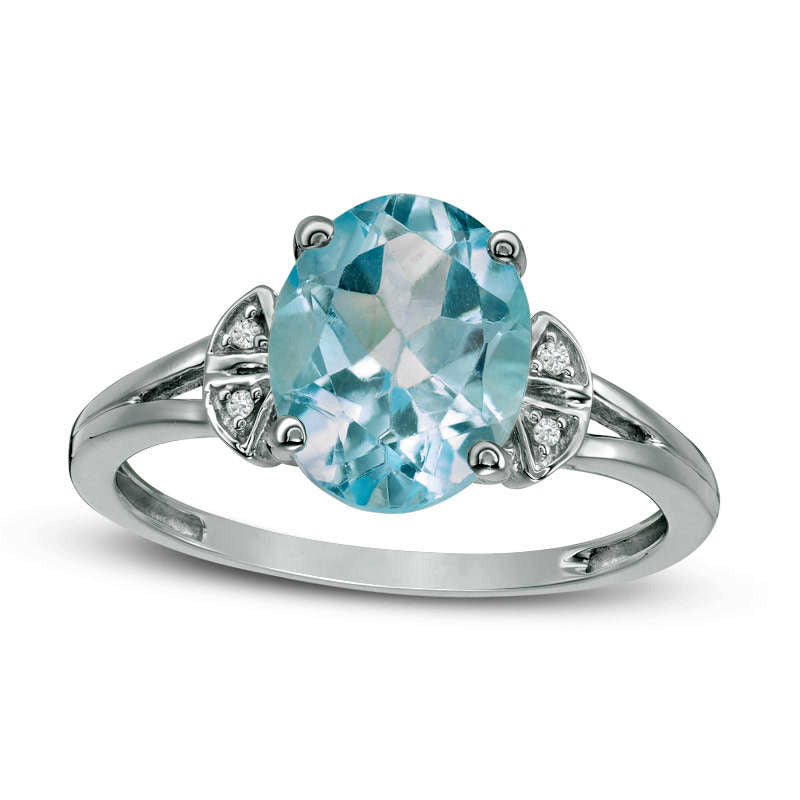 Image of ID 1 Oval Blue Topaz and Natural Diamond Accent Collar Ring in Sterling Silver