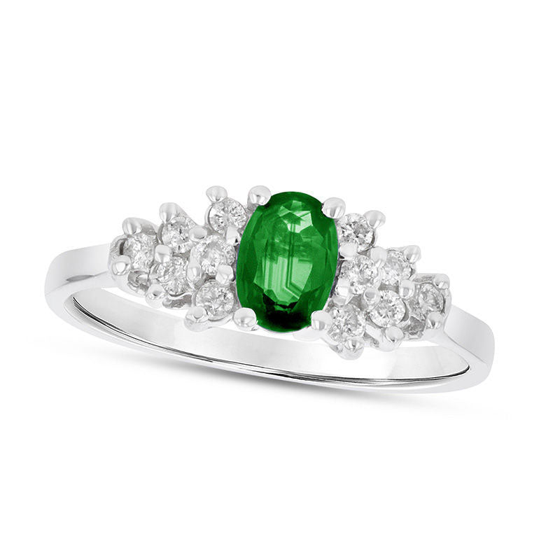 Image of ID 1 Oval Emerald and 017 CT TW Natural Diamond Triangle Side Clusters Ring in Solid 14K White Gold