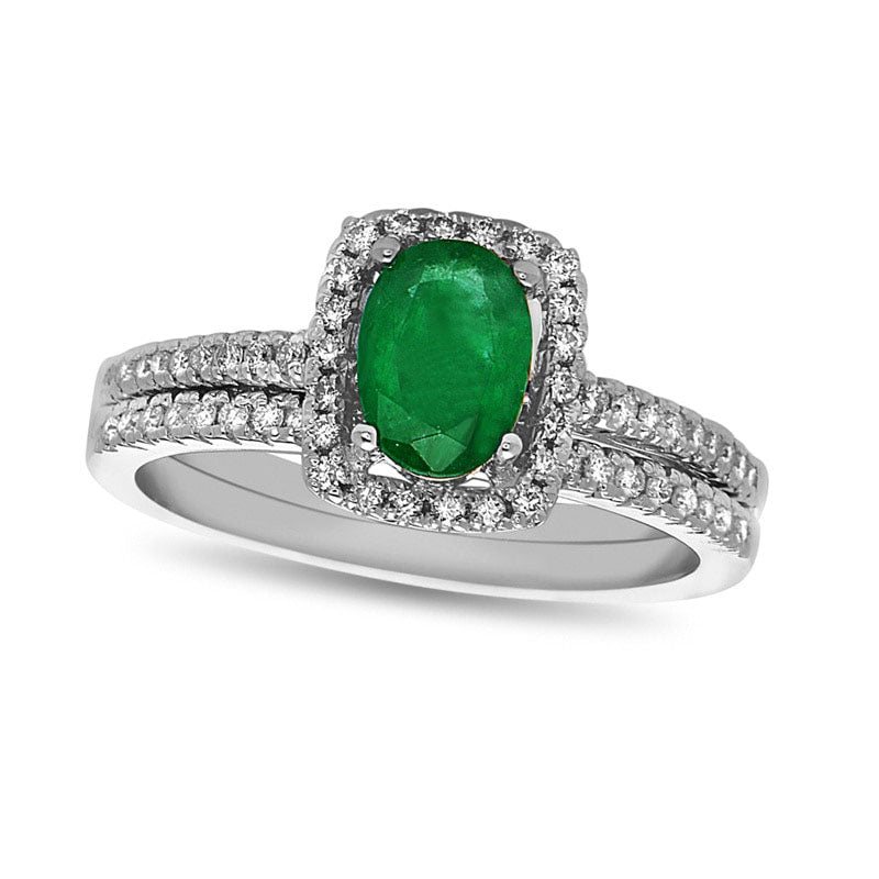 Image of ID 1 Oval Emerald and 033 CT TW Natural Diamond Frame Bridal Engagement Ring Set in Solid 14K White Gold