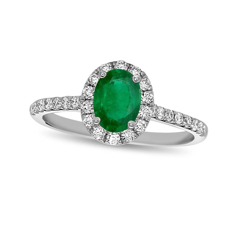 Image of ID 1 Oval Emerald and 038 CT TW Natural Diamond Frame Engagement Ring in Solid 14K White Gold