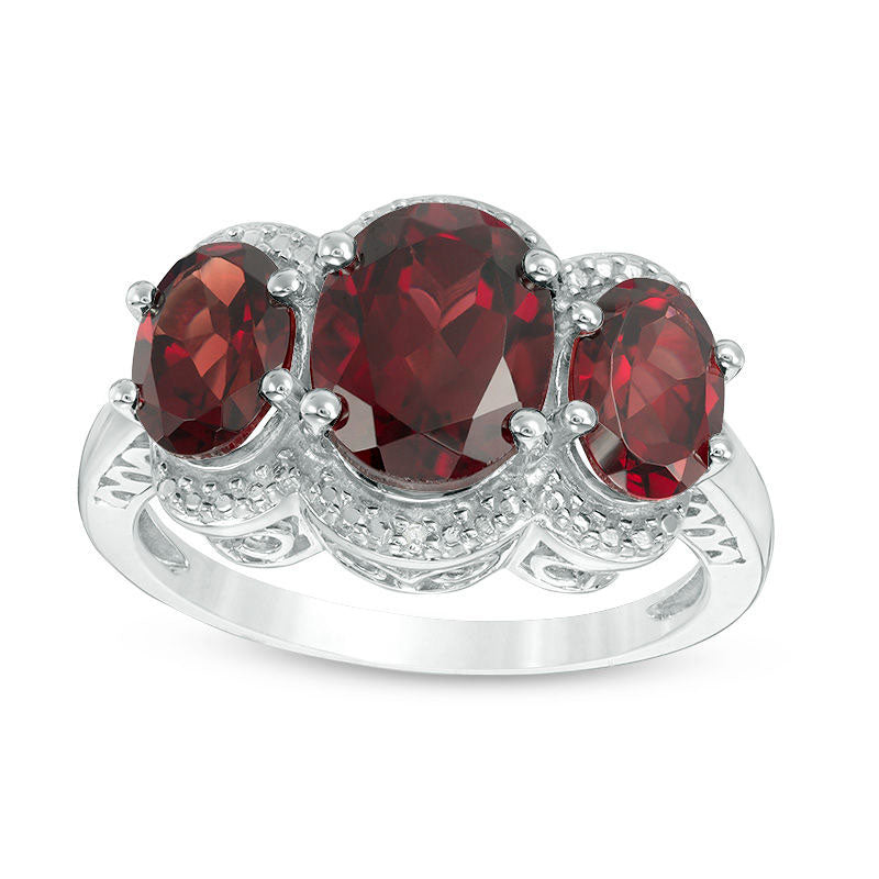 Image of ID 1 Oval Garnet and Natural Diamond Accent Three Stone Frame Ring in Sterling Silver