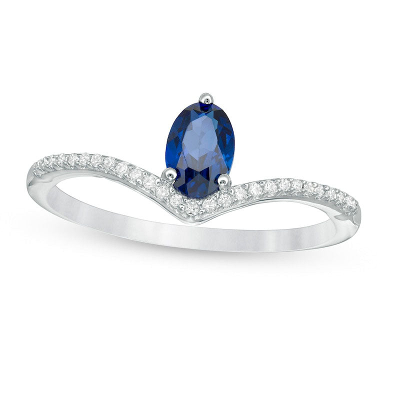 Image of ID 1 Oval Lab-Created Blue Sapphire and 010 CT TW Diamond Chevron Ring in Solid 10K White Gold
