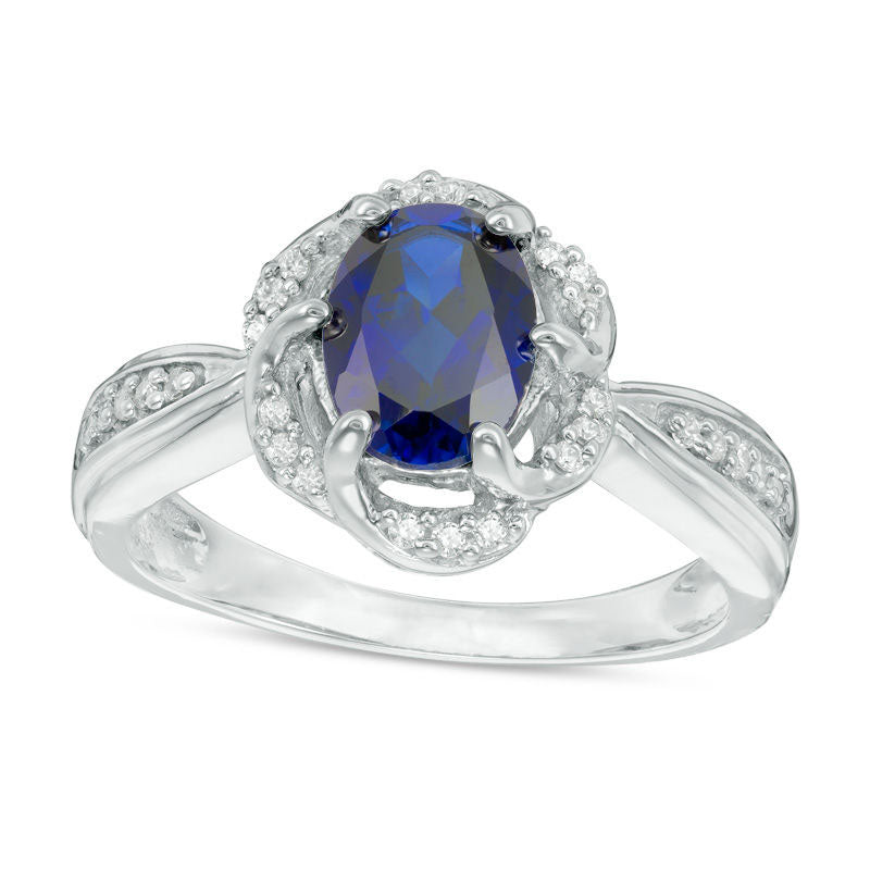Image of ID 1 Oval Lab-Created Blue Sapphire and 010 CT TW Diamond Frame Ring in Sterling Silver