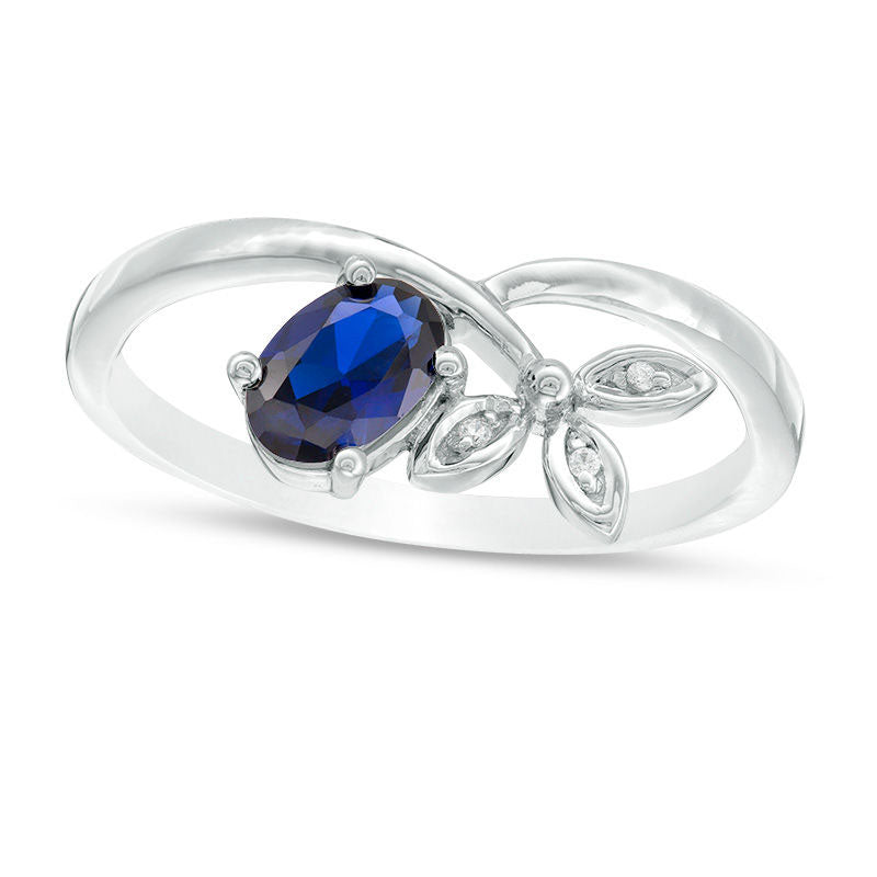 Image of ID 1 Oval Lab-Created Blue Sapphire and Diamond Accent Tri-Leaf Crossover Promise Ring in Sterling Silver