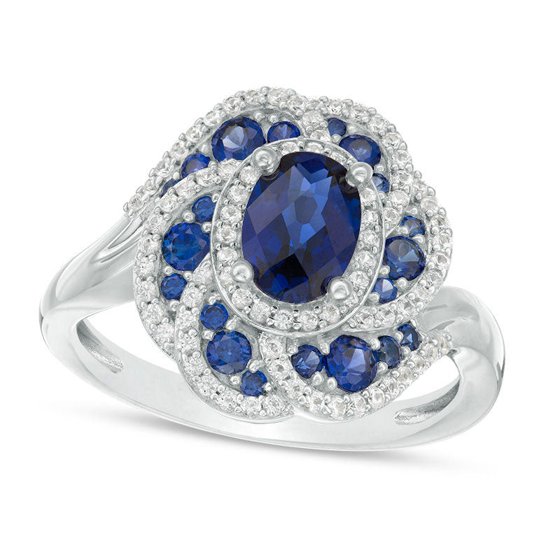 Image of ID 1 Oval Lab-Created Blue and White Sapphire Frame Floral Bypass Ring in Sterling Silver
