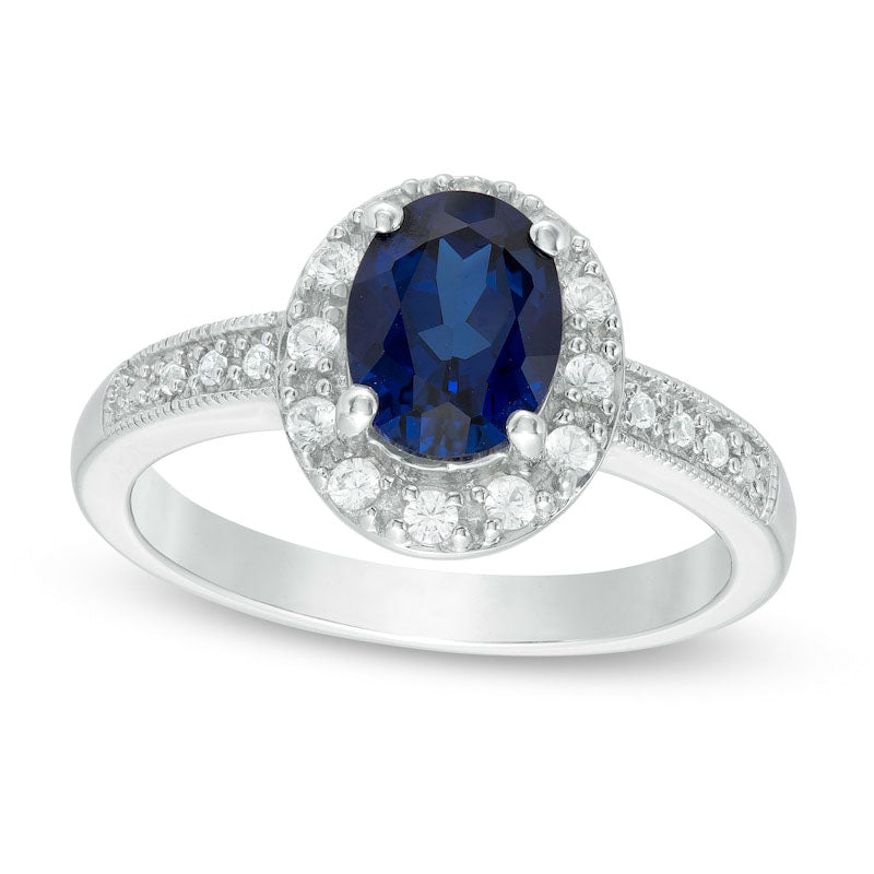 Image of ID 1 Oval Lab-Created Ceylon Blue and White Sapphire Frame Antique Vintage-Style Ring in Sterling Silver
