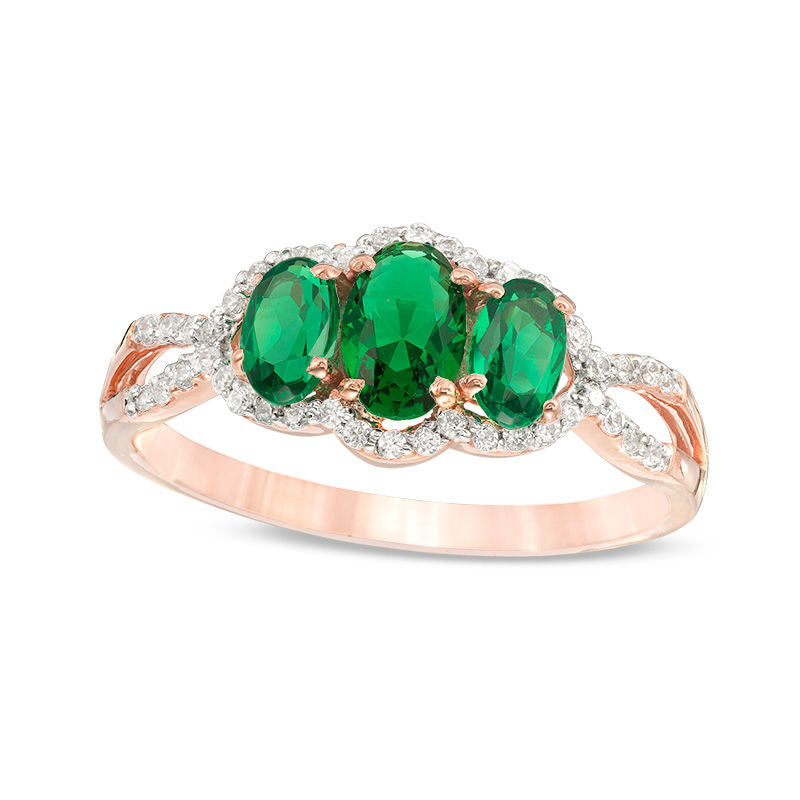Image of ID 1 Oval Lab-Created Emerald and 017 CT TW Diamond Frame Three Stone Engagement Ring in Solid 10K Rose Gold